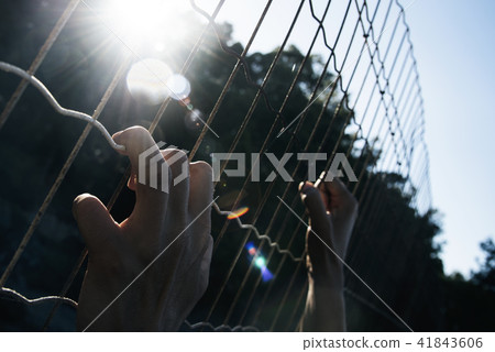 man climbing up a metal fence man climbing up a metal fence 41843606