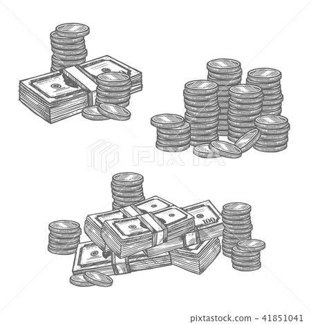 Dollar banknotes or cent coins vector sketch icons 41851041