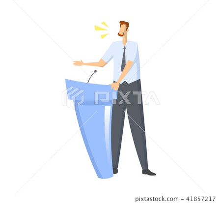 Speacker in front of microphone. Man giving speech behind the rostrum. Colorful flat vector 41857217