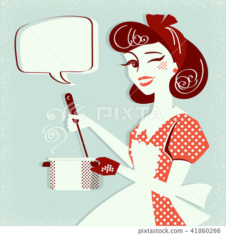 Portrait of housewife cooking soup in her kitchen 41860266