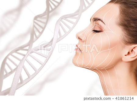 Portrait of sensual woman among DNA chains. 41861214