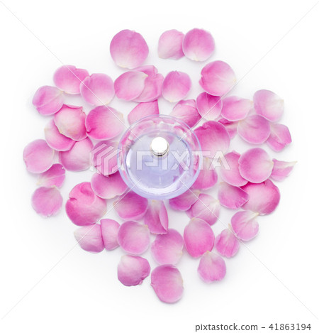 Perfume bottle with flower petals on white background. Perfumery, cosmetics, fragrance collection 41863194