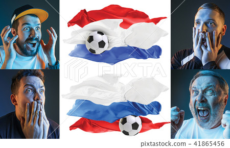 The collage about emotions of football fans of Russia and Croatia teems and flags isolated on white 41865456