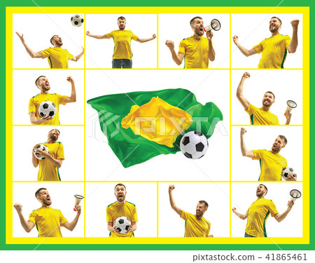 Brazilian fan celebrating on white background. The young man in soccer football uniform with ball Brazilian fan celebrating on white background. The young man in soccer football uniform with ball 41865461