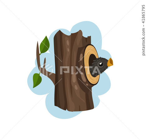 Nestling sitting in hollow tree, hollowed out old tree and cute bird inside vector Illustration on a 41865795