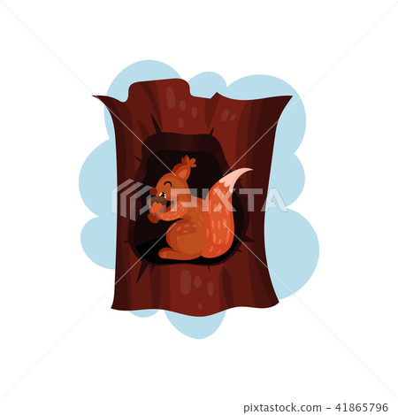 Cute squirrel sitting in hollow of tree, hollowed out old tree and animal inside vector Illustration 41865796