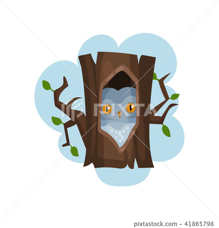 Owl sitting in hollow of tree, hollowed out old tree and bird inside vector Illustration on a white 41865798