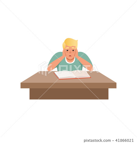 Tired young man sitting at the desk and reading a book, student studying hard before the exam vector Tired young man sitting at the desk and reading a book, student studying hard before the exam vector 41866021