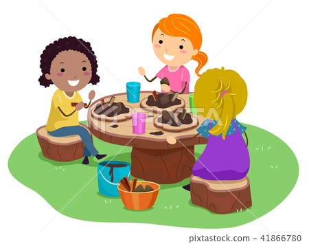 Stickman Kid Girls Play Mud Pie Illustration 41866780