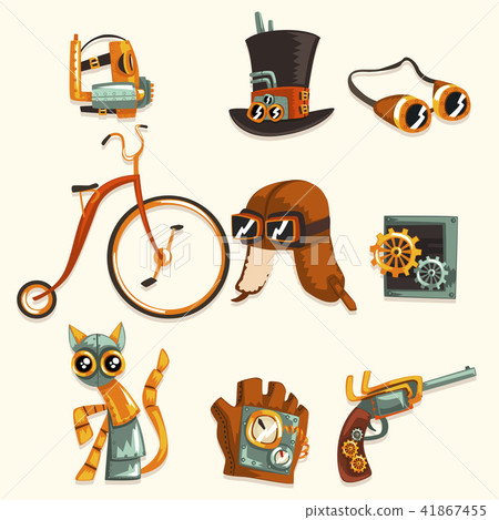 Steampunk objects and mechanism set, antique mechanical devices, clothing with gears vector 41867455