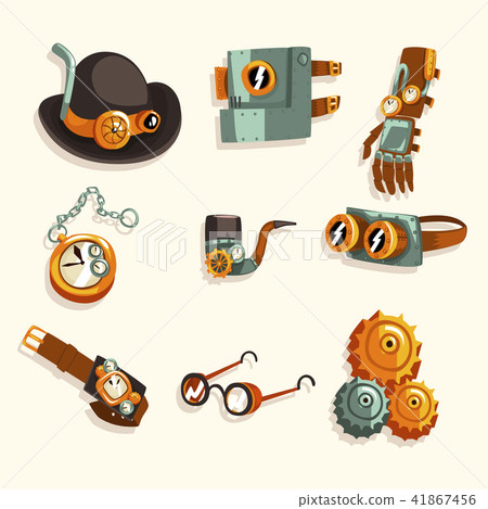 Steampunk objects set, antique mechanical devices and mechanisms vector Illustration on a white 41867456