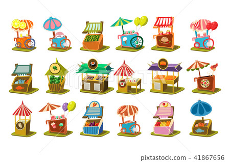 Colorful street cart shop set, retail kiosk on wheels vector Illustrations on a white background Colorful street cart shop set, retail kiosk on wheels vector Illustrations on a white background 41867656