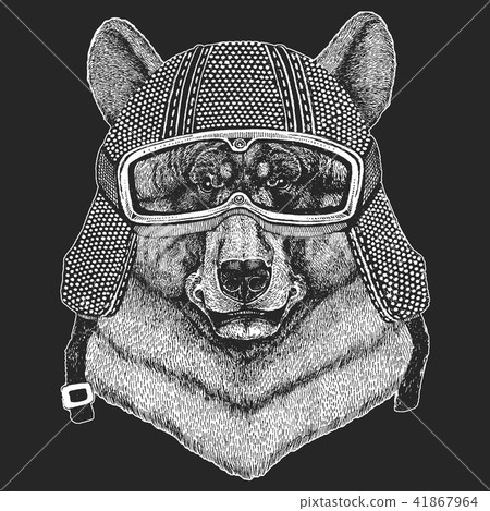 Vintage motorcycle hemlet. Retro style illustration with animal biker for children, kids clothing, t Vintage motorcycle hemlet. Retro style illustration with animal biker for children, kids clothing, t 41867964