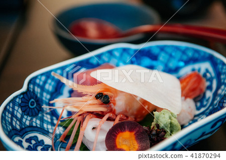 Fresh Japanese sashimi, Botan Ebi shrimps, Wasabi Fresh Japanese sashimi, Botan Ebi shrimps, Wasabi 41870294