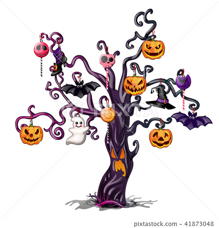 Gloomy wood with a shining face adorned with attributes of the holiday of evil spirit Halloween Gloomy wood with a shining face adorned with attributes of the holiday of evil spirit Halloween 41873048