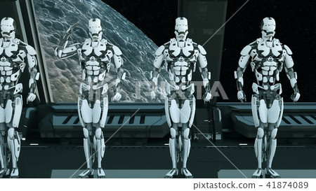 Robots soldiers on a spaceship salute against the background of the Universe and Planets. A Robots soldiers on a spaceship salute against the background of the Universe and Planets. A 41874089