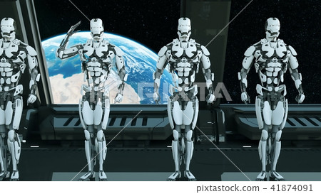 Robots soldiers on a spaceship salute against the background of the Universe and Planets. A 41874091