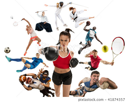 Sport collage about kickboxing, soccer, american football, basketball, badminton, taekwondo, tennis Sport collage about kickboxing, soccer, american football, basketball, badminton, taekwondo, tennis 41874357