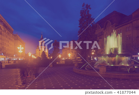 Colored fountain on Victoriei Square with Orthodox Cathedral Colored fountain on Victoriei Square with Orthodox Cathedral 41877044