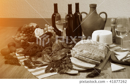 Smoked sturgeon with lobster, crayfishes, bread, cheese, fruits Smoked sturgeon with lobster, crayfishes, bread, cheese, fruits 41877262