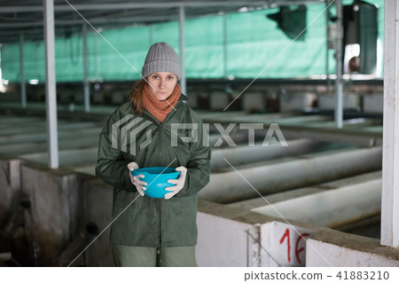 Woman feeding fish in tanks on farm 41883210
