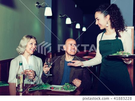 Waitress serving senior customers . Waitress serving senior customers . 41883228
