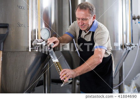 Brewer is controlling the quality of beer in flask Brewer is controlling the quality of beer in flask 41884690