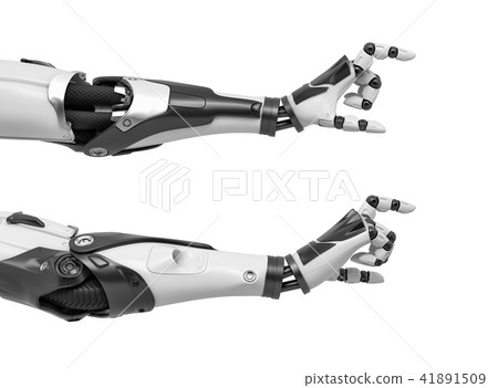 3d rendering of two robot arms with hand thumb and index finger at a distance between each other 41891509