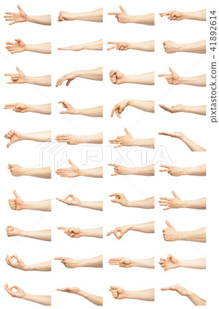 Multiple male caucasian hand gestures isolated over the white background Multiple male caucasian hand gestures isolated over the white background 41892614