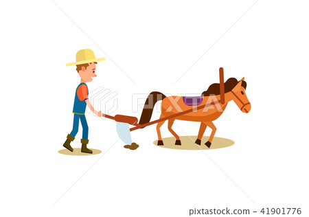 Farmer and horse plowing isolated icon 41901776