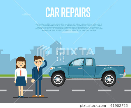 Car Repairs Banner With People Near Broken Pickup Stock