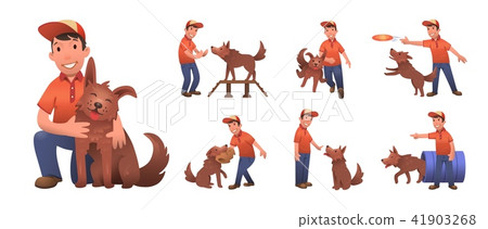 Happy smiling boy training his funny dog. Boy and dog playing together. Set of flat cartoon 41903268
