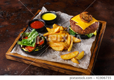 Take away burger menu on wooden tray Take away burger menu on wooden tray 41906735
