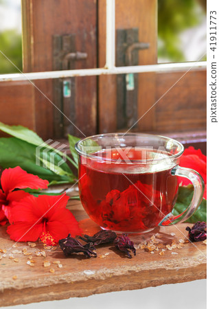 Red karkade hibiscus red sorrel tea in glass mug Red karkade hibiscus red sorrel tea in glass mug 41911773
