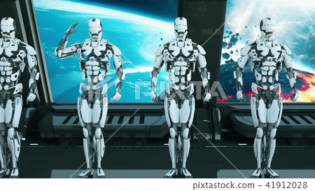Robots soldiers on a spaceship salute against the background of the Universe and Planets. A 41912028