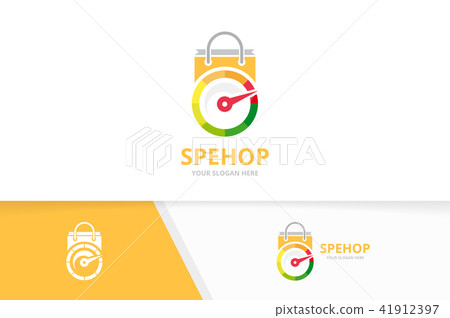 Vector speedometer and shop logo combination. Tachometer and sale symbol or icon. Unique speedo and 41912397