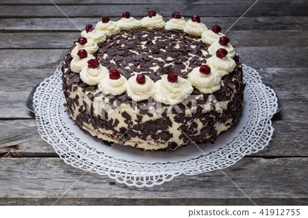 Black Forest cake Pie on gray wooden background 41912755