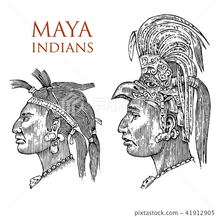 Maya Vintage style. Aztec culture. Portrait of a man, traditional costume and decoration on the head 41912905