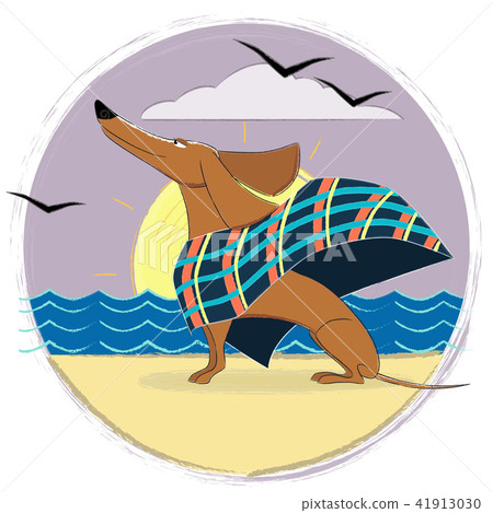 Brown Dachshund dog sitting on a sand beach and looking at the sea. Brown Dachshund dog sitting on a sand beach and looking at the sea. 41913030