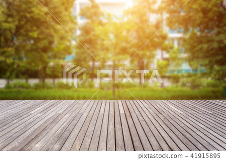 Grey wooden decking and wall of plant in garden decoration. Free space for design or montage 41915895