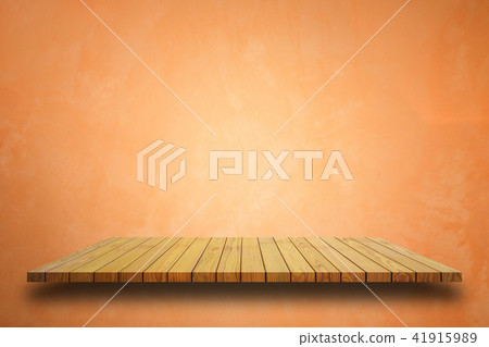 Empty top wooden shelves and stone wall background 41915989