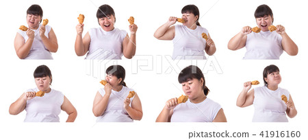 Collection portrait of fat asian woman isolated on white. Food and healthcare concept 41916160