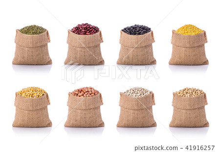 Set of several beans in brown small sack. Studio shot isolated on white background Set of several beans in brown small sack. Studio shot isolated on white background 41916257