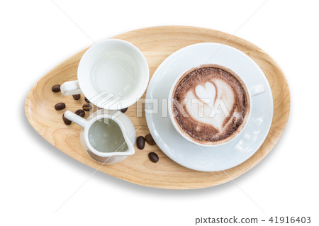 Top view of hot latte coffee in white cup. Isolated on white. Saved with clipping path 41916403
