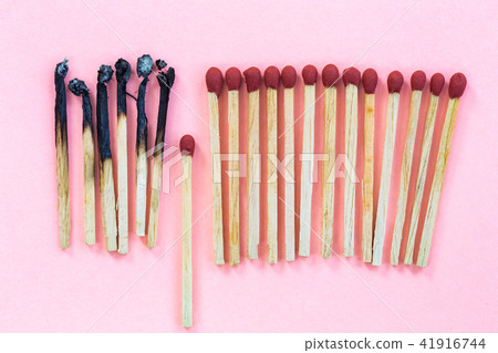 Naw and burning wood match stick with one of stick in different level to stop burning to the other 41916744