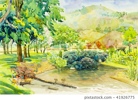 Watercolor landscape painting colorful of mountain Watercolor landscape painting colorful of mountain 41926775