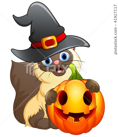 Cat cartoon with a witch hat holding 