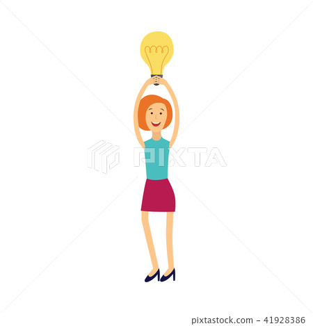 Young woman having idea illustration - smiling girl keeping above her head light bulb as symbol of Young woman having idea illustration - smiling girl keeping above her head light bulb as symbol of 41928386