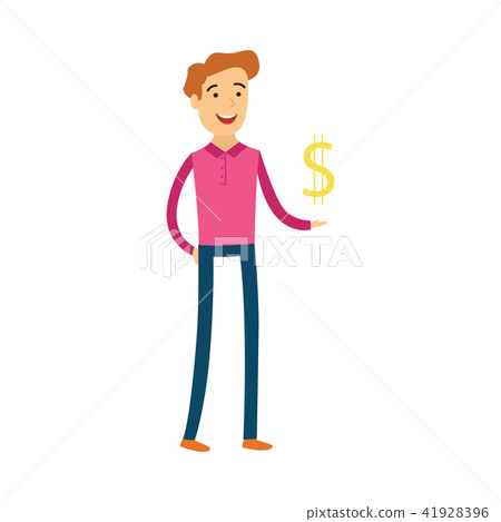 Young man with dollar sign in his hand - male cartoon character of banker or financier. Young man with dollar sign in his hand - male cartoon character of banker or financier. 41928396
