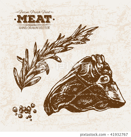Hand drawn sketch steak meat with rosemary 41932767